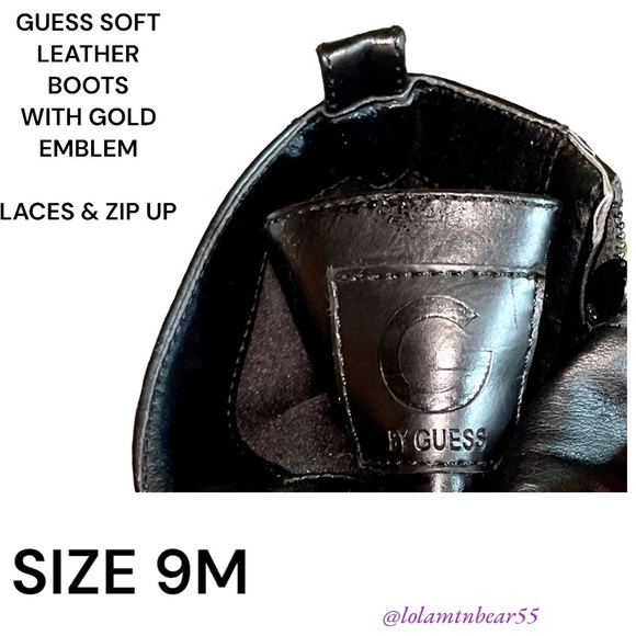 GUESS BRAND SOFT LEATHER ANKLE BOOTS-SIZE 9M-GOLD EMBLEM ON SIDES-ZIP UP AND TIE - Picture 2 of 16